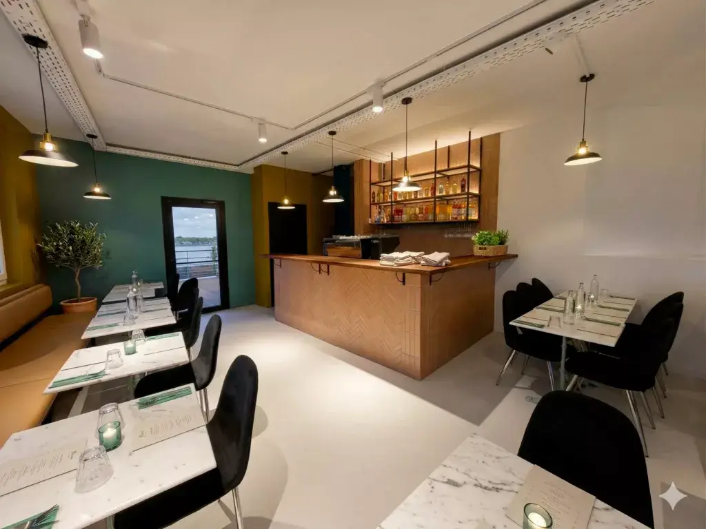 Bar d'étage dans restaurant rénové avec conception d'aménagement intérieur - Projet architectural ERP conforme aux normes accessibilité et sécurité incendie